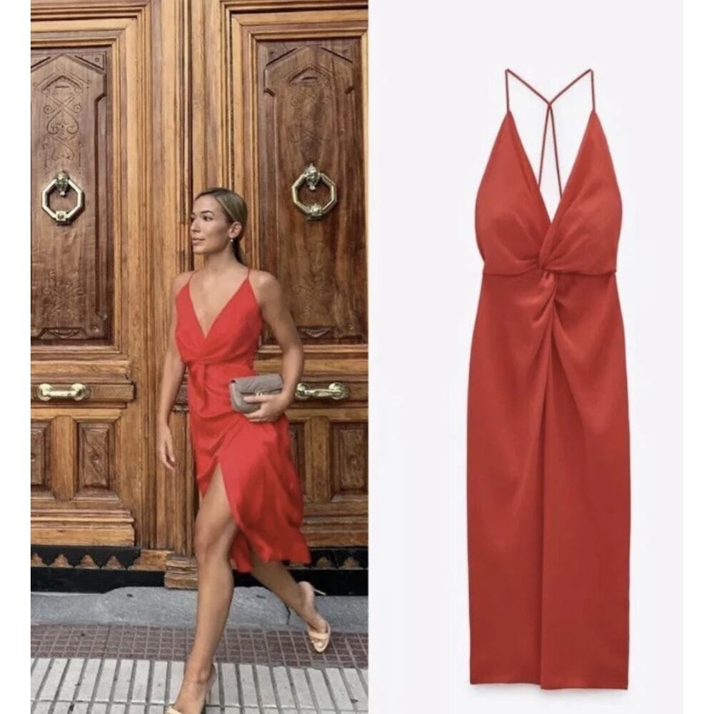 ZARA Red Slip Midi Dress Womens MED Twisted Cocktail Wedding Blogger Favorite